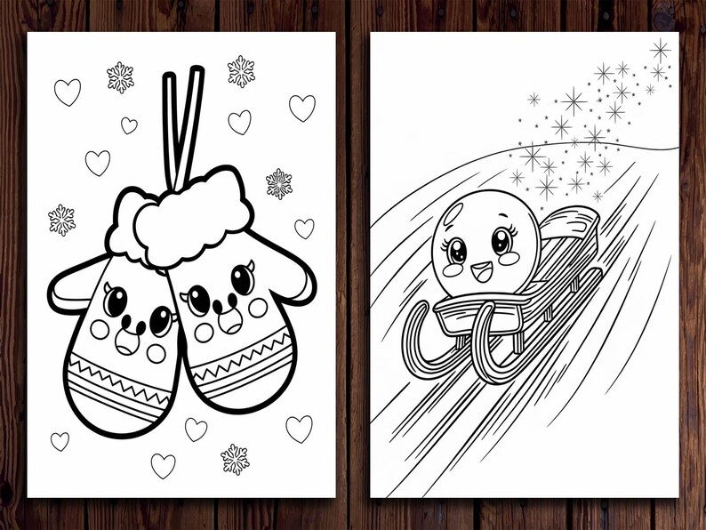 May include: A black and white coloring page featuring two mittens with smiling faces and a snowman sledding down a hill.