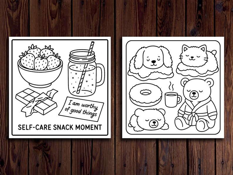 K&ouml;nnte beinhalten: Zwei Schwarz-Wei&szlig;-Illustrationen auf Holzgrund. Eine zeigt eine Sch&uuml;ssel mit Erdbeeren, ein Getr&auml;nk, Schokolade und den Text "I am worthy of good things" und "SELF-CARE SNACK MOMENT". Die andere zeigt einen Hund, eine Katze, einen Donut, Kaffee und einen B&auml;ren.