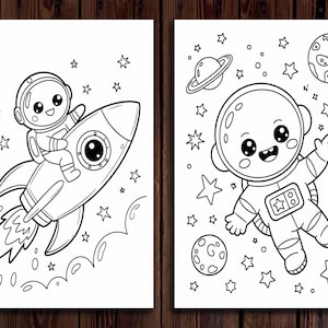 May include: Two black and white illustrations of space-themed coloring pages. One shows an astronaut riding a rocket ship, surrounded by stars and planets. The other depicts an astronaut floating in space with planets and stars.