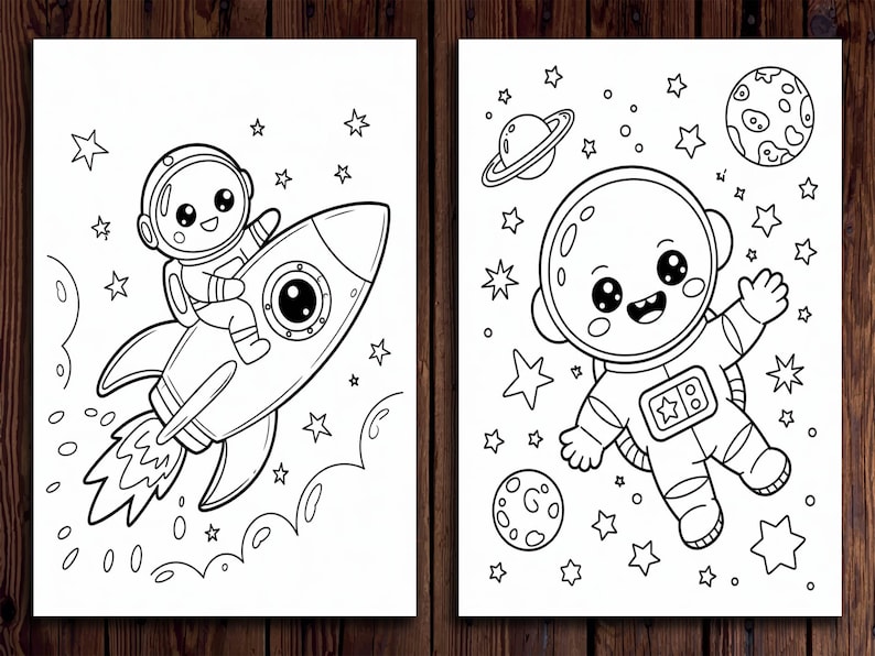 May include: Two black and white illustrations of space-themed coloring pages. One shows an astronaut riding a rocket ship, surrounded by stars and planets. The other depicts an astronaut floating in space with planets and stars.