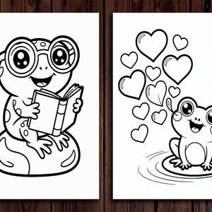 May include: Two black and white illustrations of frogs. One frog wears glasses and reads a book. The other frog is surrounded by hearts. The illustrations are on white backgrounds.