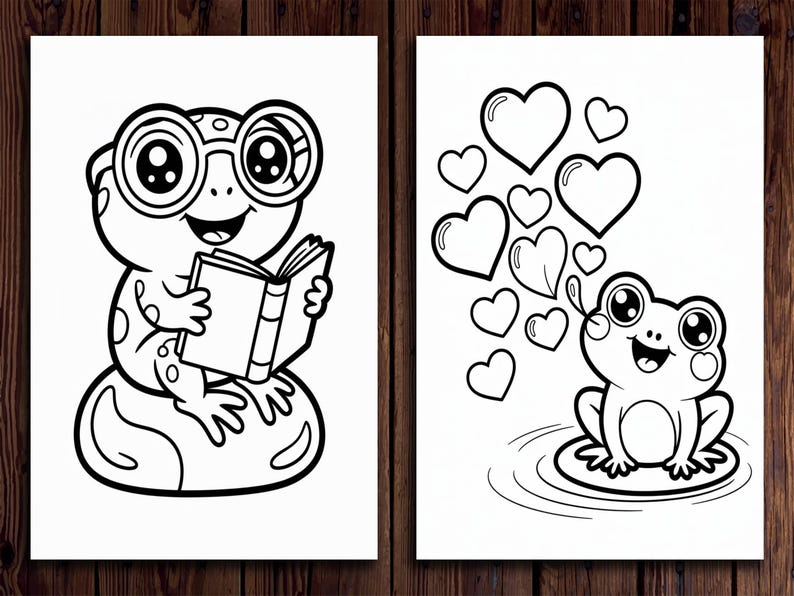 May include: Two black and white illustrations of frogs. One frog wears glasses and reads a book. The other frog is surrounded by hearts. The illustrations are on white backgrounds.