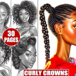 Black Women Hairstyles Coloring Book: Afro Trendy Grayscale Art (30 Printable Pages)