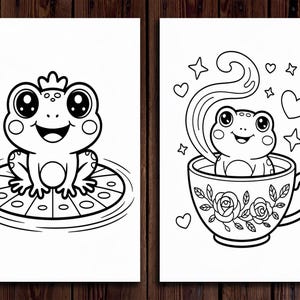 May include: Two black and white illustrations of cartoon frogs. One frog sits on a lily pad wearing a crown. The other frog is in a teacup with hearts and stars. The illustrations are on white paper.