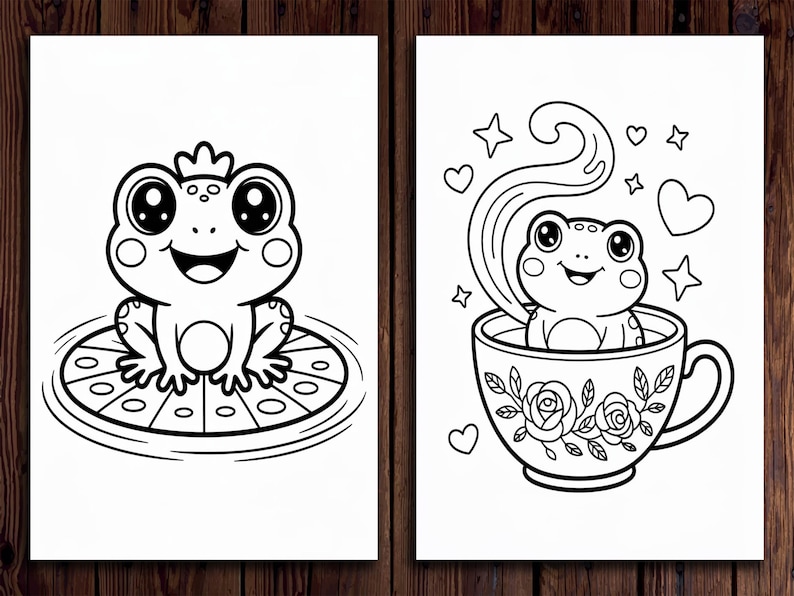 May include: Two black and white illustrations of cartoon frogs. One frog sits on a lily pad wearing a crown. The other frog is in a teacup with hearts and stars. The illustrations are on white paper.