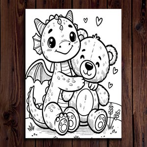 May include: Black and white illustration of a friendly dragon hugging a teddy bear. The dragon has wings and a smiling face. Hearts float above the two characters, suggesting a theme of friendship and affection. The image is suitable for coloring pages.