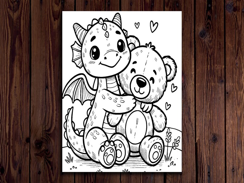 May include: Black and white illustration of a friendly dragon hugging a teddy bear. The dragon has wings and a smiling face. Hearts float above the two characters, suggesting a theme of friendship and affection. The image is suitable for coloring pages.