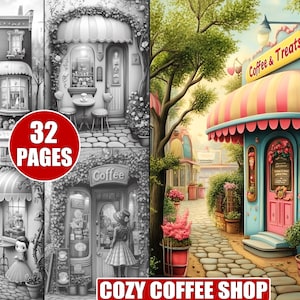 Cozy Coffee Shop Coloring Pages: Relaxing Cafe Scenes (Printable Digital Download)