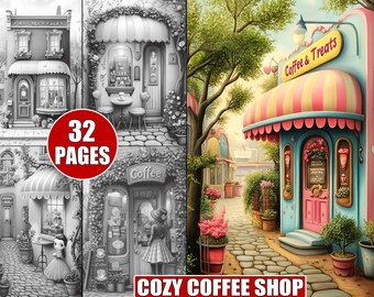 Páginas para colorear de cafeterías acogedoras: Escenas relajantes de cafeterías (Descarga digital imprimible)