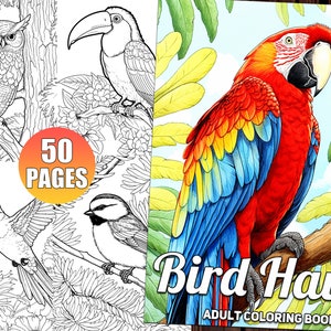 50 Birds Coloring Pages for Adults, Animal Coloring Book for Relaxation & Stress Relief, Printable PDF, Instant Download