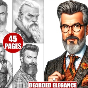 May include: A collection of 45 pages of drawing tutorials featuring men with beards. The tutorials include a variety of styles, from classic to modern.  The cover image shows a man with a neatly trimmed beard wearing a brown suit and a patterned tie.  The text "Bearded Elegance" is at the bottom of the image.