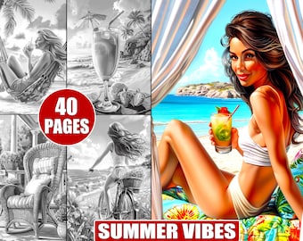 Summer Vibes Coloring Pages: 40 Tropical Landscapes (Printable Grayscale)