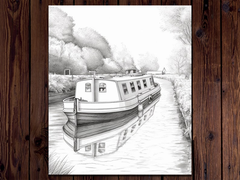 May include: A black and white pencil drawing of a narrow boat on a canal. The boat is docked on the left side of the canal and is facing the right side of the image. The boat is surrounded by trees and foliage.