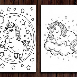 May include: Two black and white illustrations of unicorns. One shows a unicorn inside a circle with stars, the other shows a sleeping unicorn on a cloud with stars. Both are line drawings, perfect for coloring.