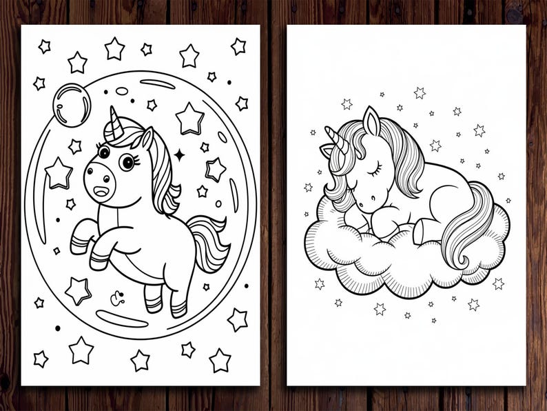 May include: Two black and white illustrations of unicorns. One shows a unicorn inside a circle with stars, the other shows a sleeping unicorn on a cloud with stars. Both are line drawings, perfect for coloring.
