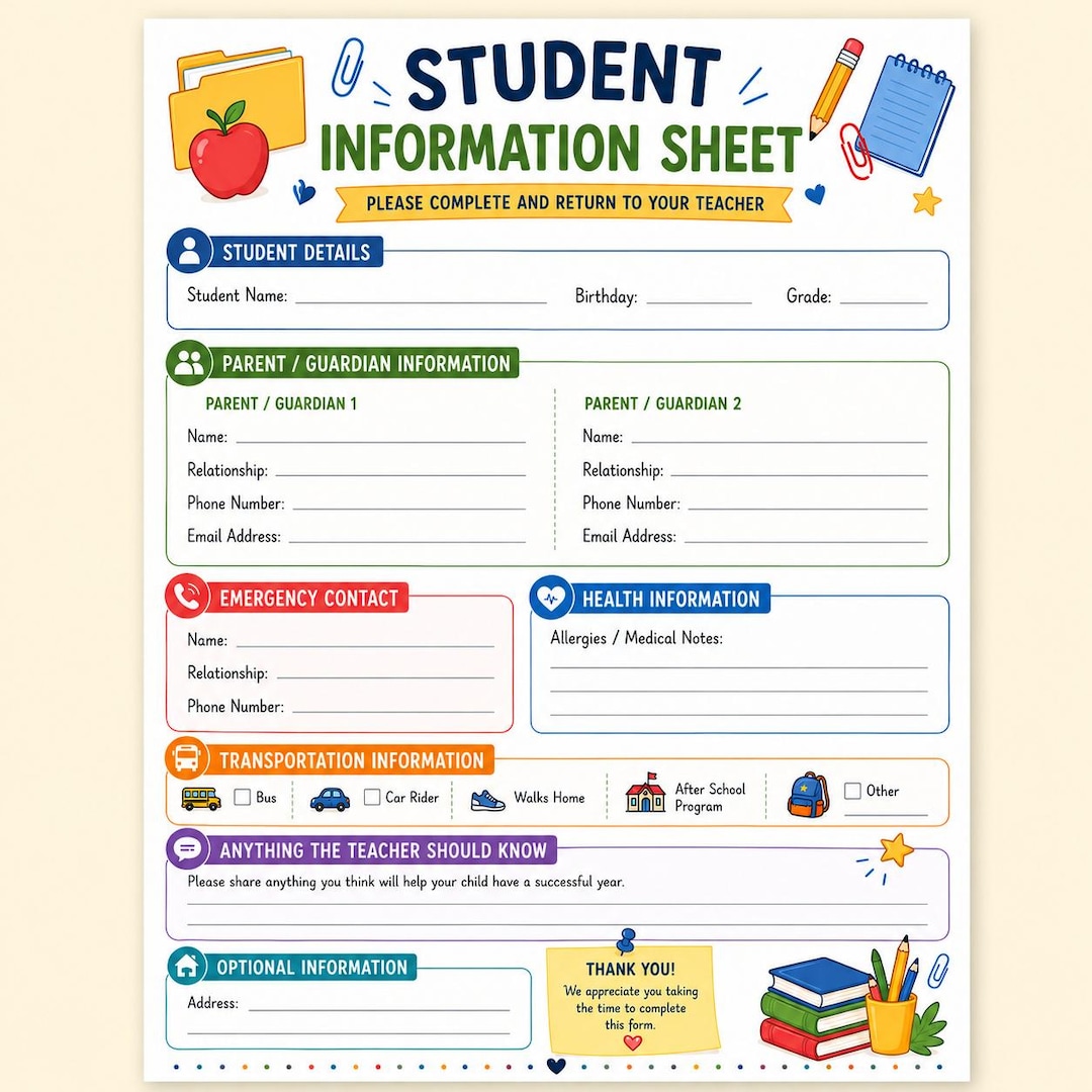 Student Information Sheet Printable, Back to School Form, Emergency ...