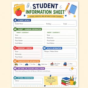 Könnte beinhalten: Ein weißes Schülerinformationsblatt mit bunten Überschriften und Symbolen. Die Abschnitte umfassen Schülerdaten, Elterninformationen, Notfallkontakt, Gesundheit, Transport und optionale Angaben. Mit Illustrationen von Ordner, Apfel, Stift, Notizbuch und Büchern.