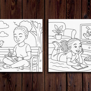May include: Two black and white illustrations of girls writing in journals. The first illustration shows a girl sitting on a bench in a park with a bird on a branch. The second illustration shows a girl lying on a rug in a living room with a bowl of popcorn and a television in the background.