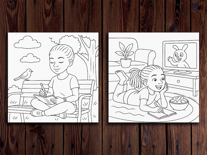 May include: Two black and white illustrations of girls writing in journals. The first illustration shows a girl sitting on a bench in a park with a bird on a branch. The second illustration shows a girl lying on a rug in a living room with a bowl of popcorn and a television in the background.