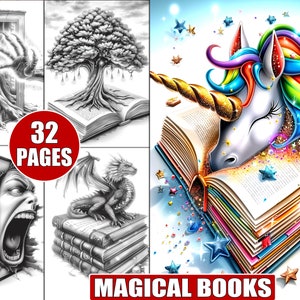 32 páginas para colorear de libros mágicos imprimibles en escala de grises para adultos. Ilustraciones de libros de fantasía. Descarga digital instantánea.