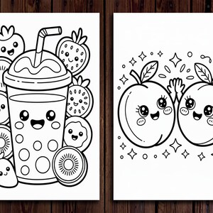 Puede incluir: Dos p&aacute;ginas para colorear en blanco y negro. Una presenta un batido de dibujos animados con frutas, la otra muestra dos melocotones de dibujos animados chocando los cinco. Las im&aacute;genes est&aacute;n delineadas con gruesas l&iacute;neas negras y tienen un estilo lindo y amigable.