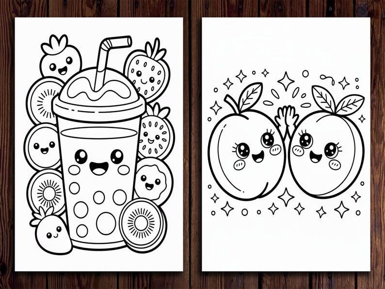Puede incluir: Dos p&aacute;ginas para colorear en blanco y negro. Una presenta un batido de dibujos animados con frutas, la otra muestra dos melocotones de dibujos animados chocando los cinco. Las im&aacute;genes est&aacute;n delineadas con gruesas l&iacute;neas negras y tienen un estilo lindo y amigable.