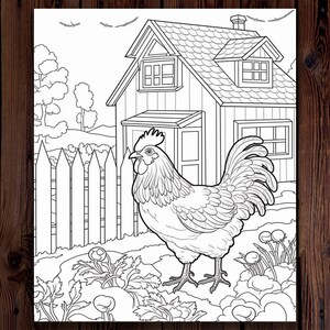 May include: A black and white line drawing of a rooster standing in front of a small house with a picket fence. The rooster has a large comb and wattles, and its tail feathers are spread out. The house has a door and two windows. There are flowers and plants growing in the yard.