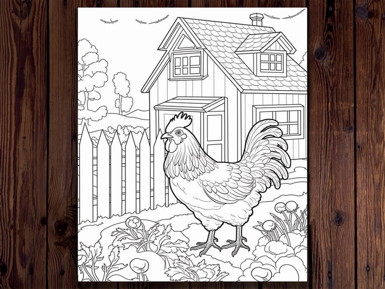 May include: A black and white line drawing of a rooster standing in front of a small house with a picket fence. The rooster has a large comb and wattles, and its tail feathers are spread out. The house has a door and two windows. There are flowers and plants growing in the yard.