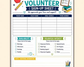 Parent Volunteer Sign Up Sheet Printable | Classroom Helper Form & School Volunteer Organizer