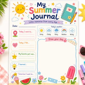 Peut inclure: Un journal d'été coloré avec le texte "My Summer Journal" et "Little memories from sunny days." Le journal comprend des sections pour la date, les activités quotidiennes, la météo et une zone de dessin. Des illustrations incluent un soleil, une glace et une pastèque.