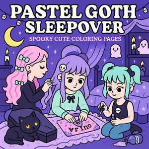 Pastel Goth Sleepover Coloring Pages: Spooky Kawaii Witch Party (PDF Download)