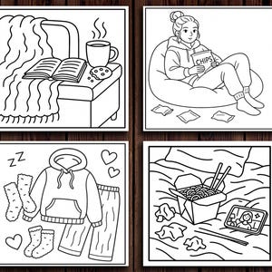 May include: Four-panel illustration depicting cozy scenes. One shows a book, blanket, coffee, and cookie. Another features a person with a bag of chips. The third shows pajamas and socks. The last shows noodles and a phone.