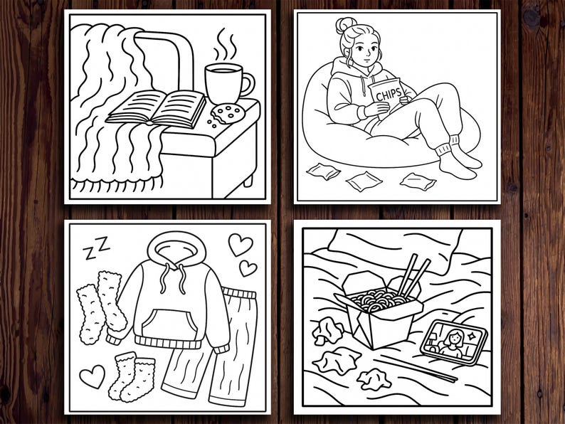 May include: Four-panel illustration depicting cozy scenes. One shows a book, blanket, coffee, and cookie. Another features a person with a bag of chips. The third shows pajamas and socks. The last shows noodles and a phone.