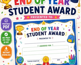 Afdrukbaar certificaat eindejaarsstudentenprijs, klasprijssjabloon voor kinderen