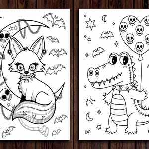 May include: Two black and white coloring pages featuring a fox and a crocodile. The fox is sitting on a crescent moon with a chain and skulls. The crocodile is holding a heart-shaped balloon with skulls. Both images have a Halloween theme.