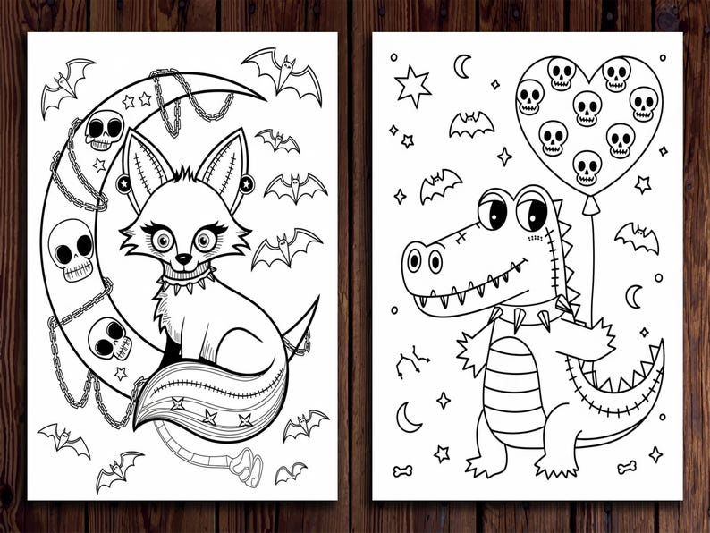 May include: Two black and white coloring pages featuring a fox and a crocodile. The fox is sitting on a crescent moon with a chain and skulls. The crocodile is holding a heart-shaped balloon with skulls. Both images have a Halloween theme.