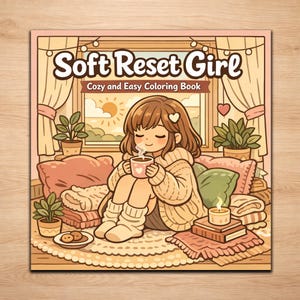 Może przedstawiać: Okładka książki do kolorowania zatytułowana "Soft Reset Girl" z podtytułem "Cozy and Easy Coloring Book". Ilustracja przedstawia dziewczynę z kreskówki trzymającą kubek, otoczoną poduszkami, roślinami i zapaloną świecą. Paleta kolorów jest miękka i ciepła.