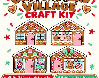 Gingerbread Village Printable Craft Kit, Christmas Paper Houses, 2 Activity Levels, PDF