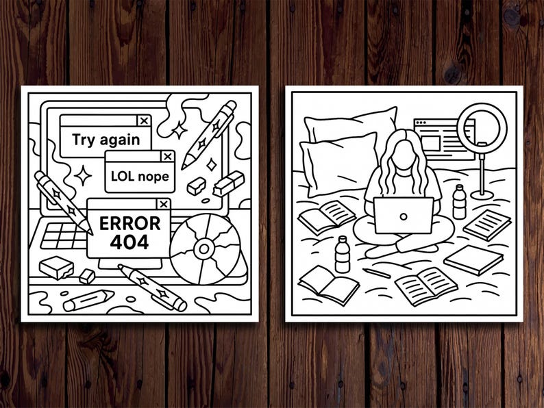 May include: Two black and white line art prints. One depicts a laptop with error messages and pens. The other shows a person sitting on a bed with a laptop, books, and a ring light. The prints are on a wooden background.