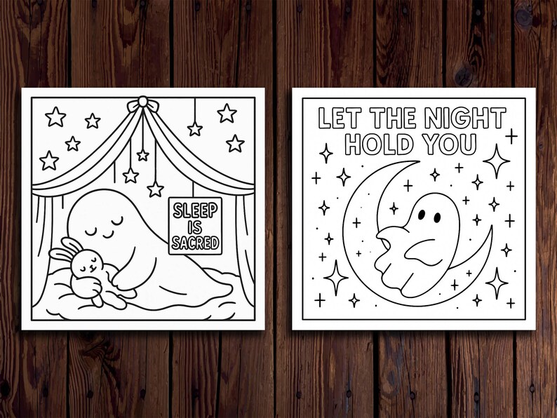 K&ouml;nnte beinhalten: Zwei Schwarz-Wei&szlig;-Illustrationen auf Holzgrund. Eine zeigt einen Geist, der mit einem Hasen schl&auml;ft, mit dem Text "Sleep is Sacred". Die andere zeigt einen Geist auf einem Mond mit dem Text "Let the Night Hold You."