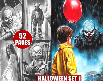 Halloween Coloring Pages: 52 Spooky Grayscale Illustrations (Printable Digital Download)
