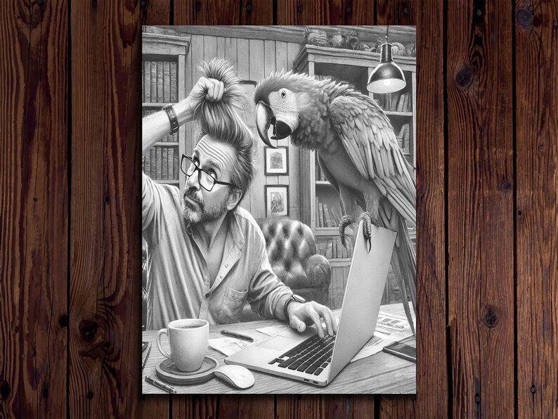 May include: A black and white illustration of a man sitting at a desk with a laptop and a parrot perched on the back of the chair. The man is wearing glasses and has a messy hairstyle. The parrot is looking at the man.