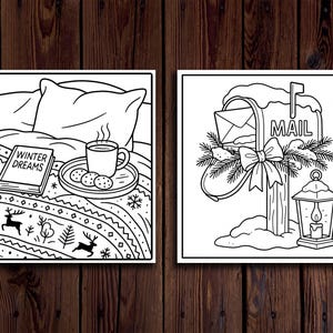 Puede incluir: Dos ilustraciones en blanco y negro. Una representa una escena acogedora con un libro titulado "Winter Dreams", una taza de caf&eacute; y galletas en una bandeja. La otra muestra un buz&oacute;n con la palabra "MAIL", decorado con un lazo.