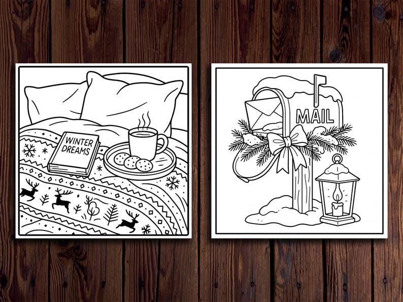 Puede incluir: Dos ilustraciones en blanco y negro. Una representa una escena acogedora con un libro titulado "Winter Dreams", una taza de caf&eacute; y galletas en una bandeja. La otra muestra un buz&oacute;n con la palabra "MAIL", decorado con un lazo.