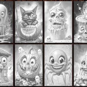 May include: A set of eight black and white illustrations featuring spooky Halloween characters. The illustrations include a ghost in a teacup, a cat in a pumpkin, a skull cupcake, a cauldron with skulls, a haunted house, a pumpkin with a face, a spider with a face, and a cone-shaped pumpkin with a face.