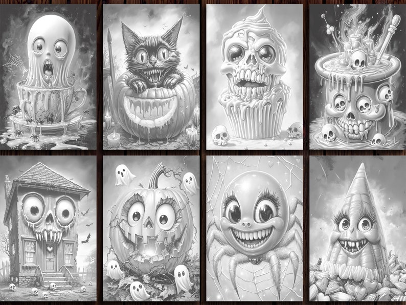 May include: A set of eight black and white illustrations featuring spooky Halloween characters. The illustrations include a ghost in a teacup, a cat in a pumpkin, a skull cupcake, a cauldron with skulls, a haunted house, a pumpkin with a face, a spider with a face, and a cone-shaped pumpkin with a face.