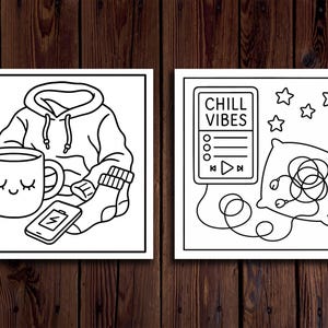 May include: Two black and white illustrations on a wooden background. One shows a hoodie, mug, phone, and socks. The other depicts a music player with the text "CHILL VIBES", a pillow, and stars.