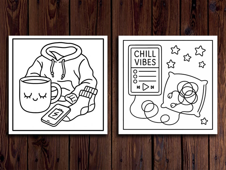 May include: Two black and white illustrations on a wooden background. One shows a hoodie, mug, phone, and socks. The other depicts a music player with the text "CHILL VIBES", a pillow, and stars.