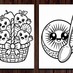 Puede incluir: Dos ilustraciones en blanco y negro. Una muestra una cesta de manzanas y fresas sonrientes. La otra muestra una rodaja de kiwi sonriente con una cuchara. Las im&aacute;genes son de dibujos animados y aptas para colorear.