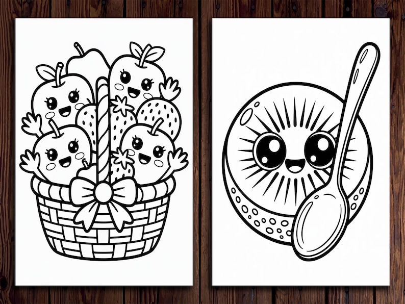 Puede incluir: Dos ilustraciones en blanco y negro. Una muestra una cesta de manzanas y fresas sonrientes. La otra muestra una rodaja de kiwi sonriente con una cuchara. Las im&aacute;genes son de dibujos animados y aptas para colorear.